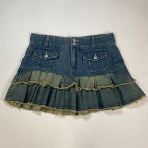 Social Collision Blue Tiered Pleated Denim Mini Skirt Frayed Hem Size LG